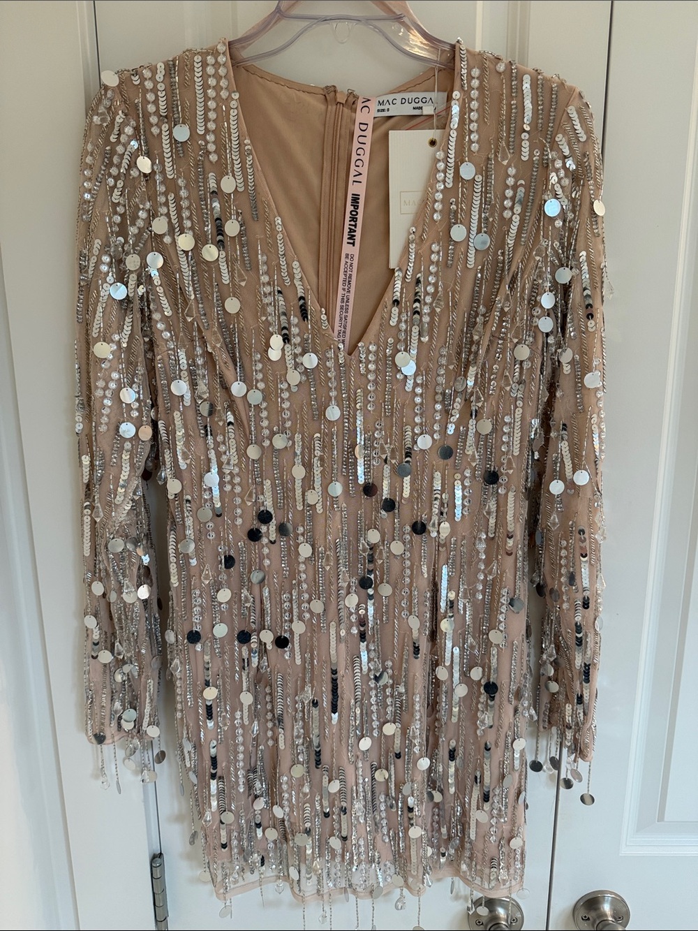 Mac Duggal Nude Sequin & Disc Fringe Long Sleeve Mini Dress